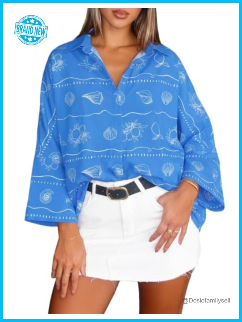 UOOZEE Women's Button Down Shirt 3/4 Sleeve Loose Fit Collared Blouse Top